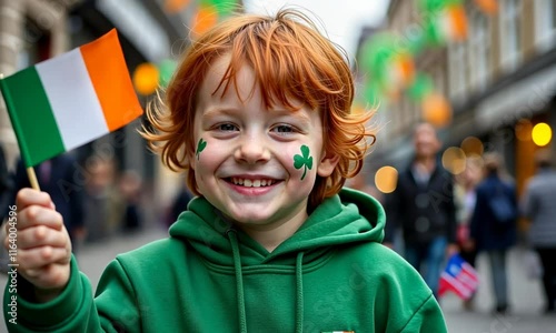 Red-Haired Child Celebrating Saint Patrick's Day with Irish Flag photo