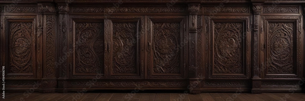 Dark wood background with intricate patterns of ancient furniture, wooden paneling, furniture Dark wood background with intricate patterns of ancient furniture, wooden paneling, furniture