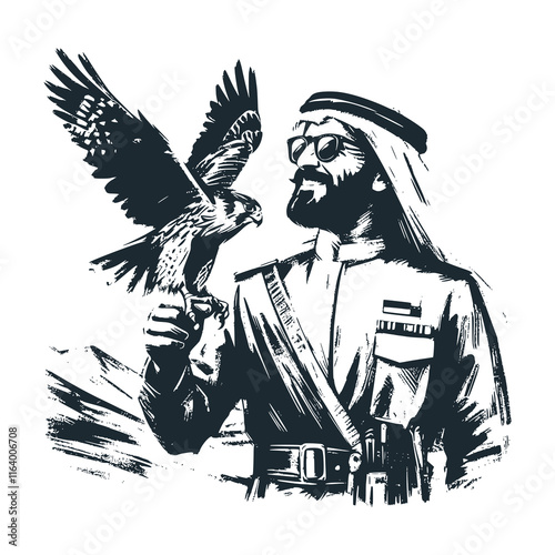 The bedouin Arab man with his eagle. Black white vector illustration.
