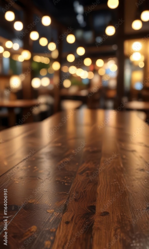 Dark wood table top on blurred cafe background with soft light and gold bokeh effect, interior, wooden furniture Dark wood table top on blurred cafe background with soft light and gold bokeh effect, interior, wooden furniture