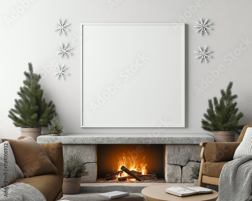 A living room with a blank white poster frame, hanging on a light gray wall. Decorated in a winter theme with snowflake decals around the frame, a warm stone fireplace glowing embers nearby. photo