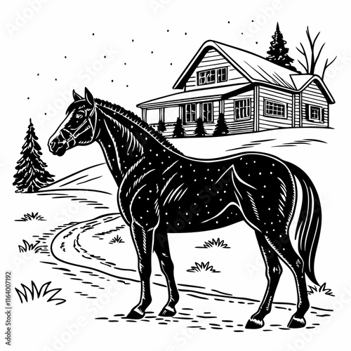 Christmas Cottage Farm Horse Black silhouette