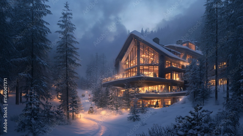 Fototapeta premium Cozy winter chalet nestled in a snowy mountain valley, illuminated by warm interior lights. Snow-covered landscape with tall evergreen trees and a path leading to a modern wooden chalet.