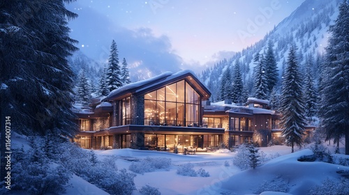 Modern chalet nestled in snowy mountain valley at dusk.  Large, luxurious home with glass walls, surrounded by snow-covered pines.  Evening ambiance, ideal for winter vacation. photo