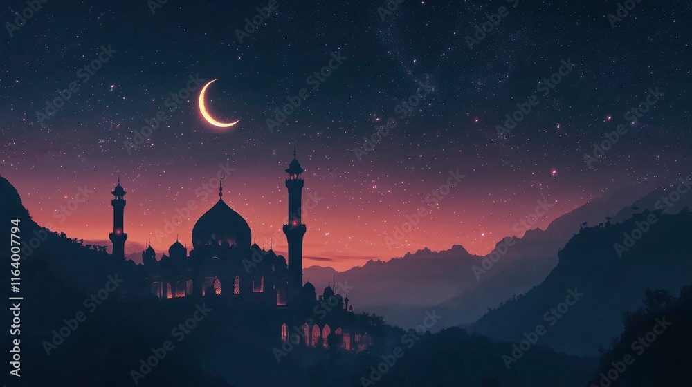 Vector of Islamic Ramandan design and Mosque silhouette in night sky with crescent moon and star. Vector of Islamic Ramandan design and Mosque silhouette in night sky with crescent moon and star.