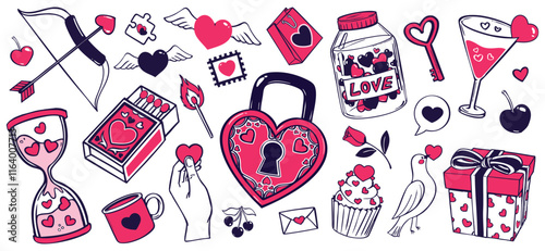 cute Valentine's Day doodle set. Love, romance and dating symbols collection, isolated design element. Hearts, gift. cupid bow, lock, key, love bird, trendy illustration clip art 