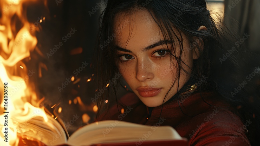 Fototapeta premium Young Woman with Freckles Reading a Book Surrounded by Flames and Intense Light