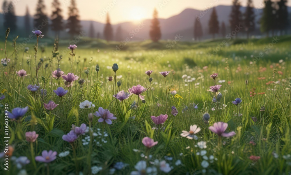 Naklejka premium Delicate watercolor flowers in a lush green meadow at dusk, texture, floral, landscape