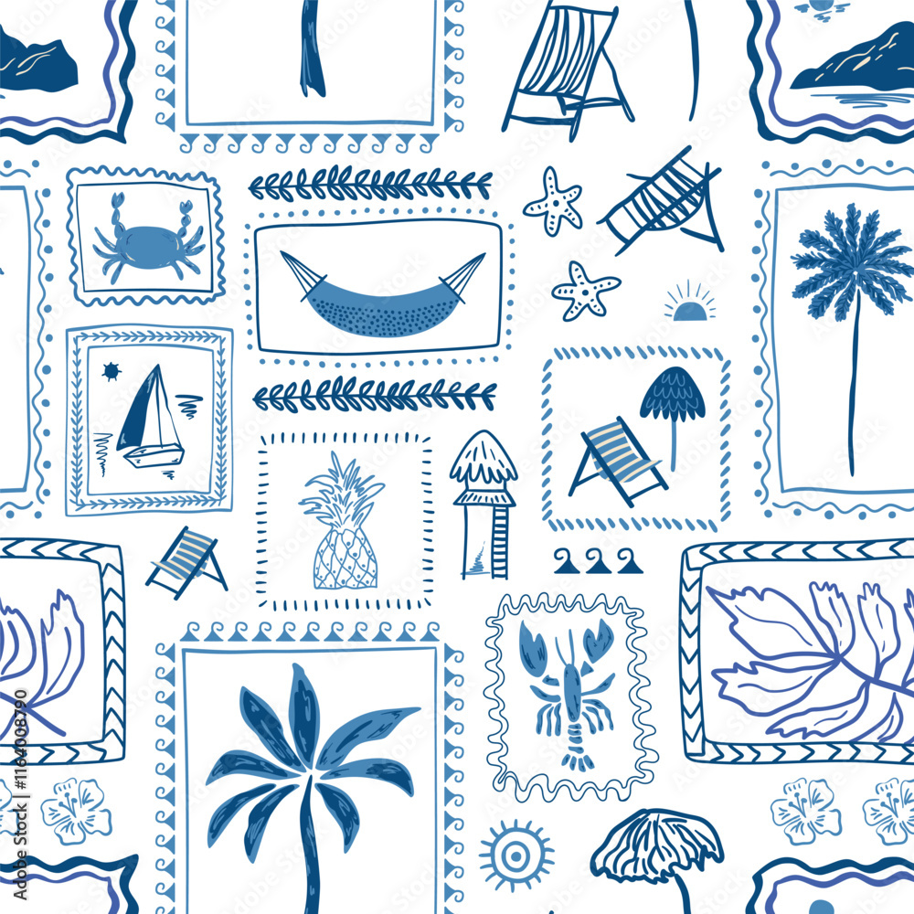 Blue summer tropical beach seamless pattern. Cute hand drawn palm tree, boat, lobster, cabin, sea island framed vacation illustration. Vector tropic story design, print, exotic wallpaper, textile.
