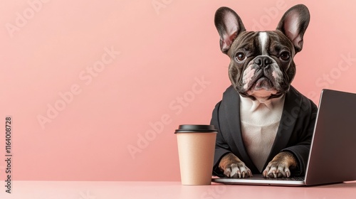 French bulldog in suit with coffee cup and laptop on pastel pink background for branding photo