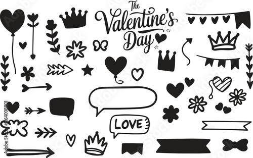 Valentines day doodles set silhouette in Vector illustration photo