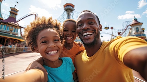 Fototapeta Naklejka Na Ścianę i Meble -  Happy Family Selfie at Amusement Park Roller Coaster