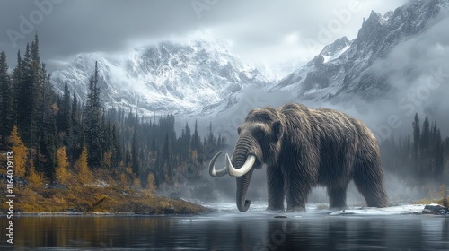 A majestic mammoth in its natural habitat, showcasing the grandeur and power of this ancient, extinct creature from the Ice Age. --ar 16:9 --s 250 --style raw --v 6.1 photo