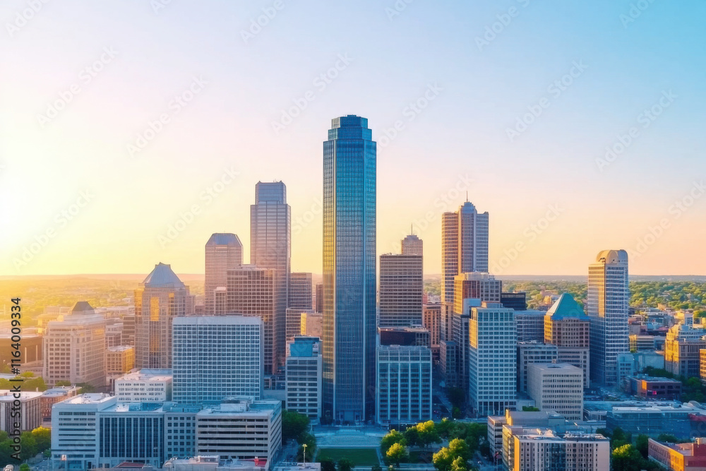 Fototapeta premium stunning skyline featuring tall glass office tower piercing sky, surrounded by modern buildings and vibrant sunset