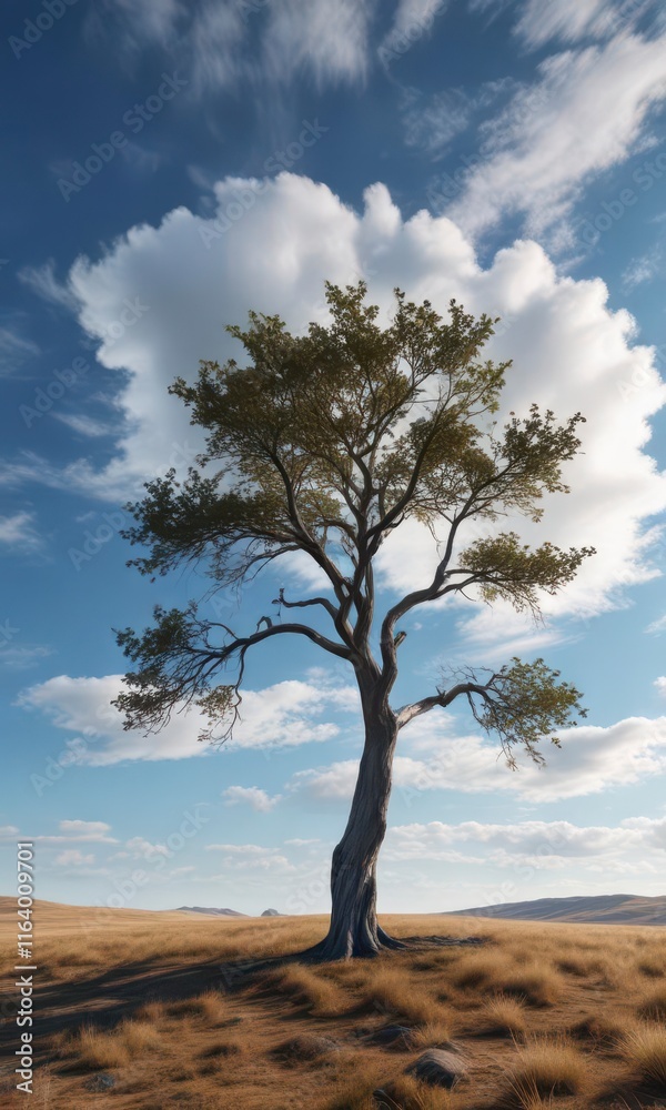 Distant blue sky with wispy clouds and a solitary tree, peaceful, tree Distant blue sky with wispy clouds and a solitary tree, peaceful, tree