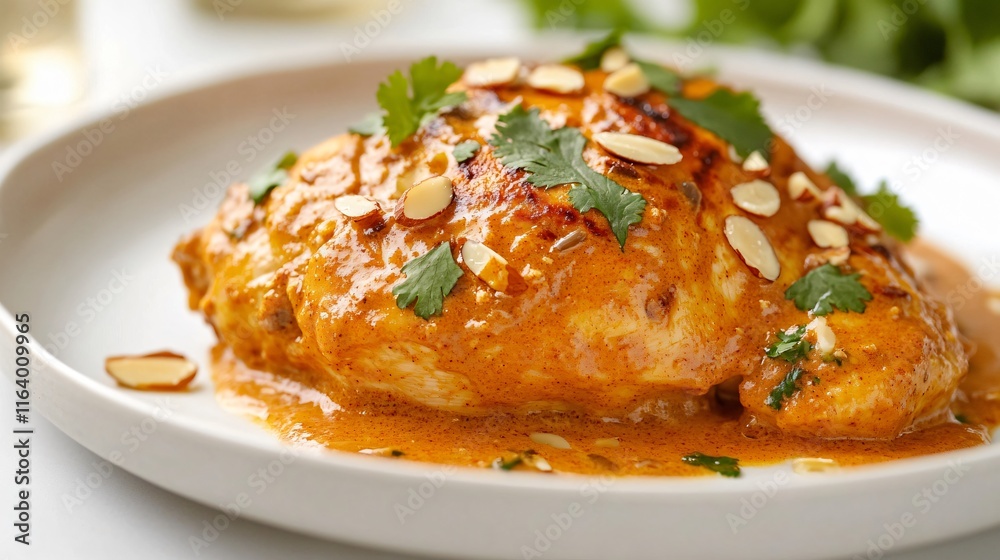 Cooker Butter Chicken in Creamy Sauce with Almonds and Cilantro on White Plate Cooker Butter Chicken in Creamy Sauce with Almonds and Cilantro on White Plate