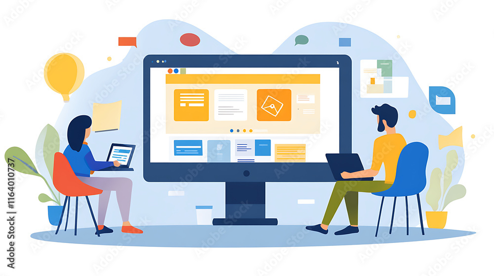 Designer presenting a completed website on a monitor in a client meeting (2) Designer presenting a completed website on a monitor in a client meeting (2)