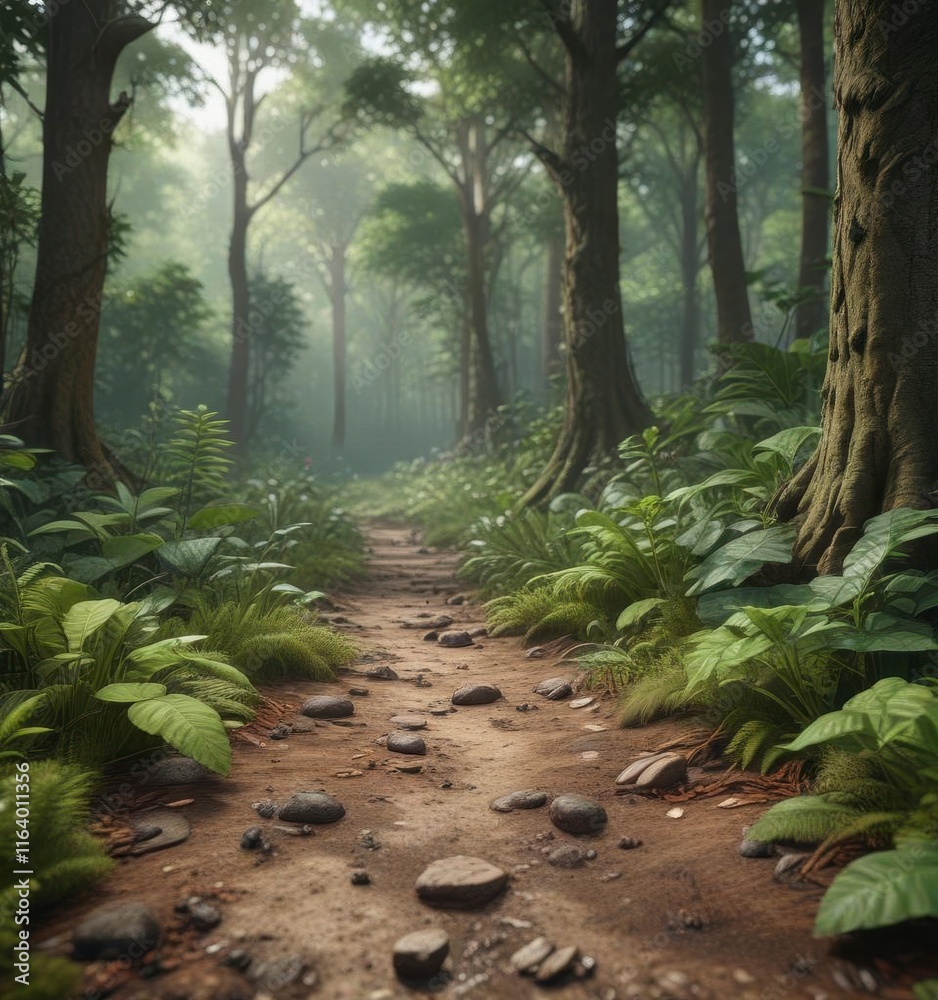 Fototapeta premium Earthy forest floor surrounded by lush greenery, botanicals, foliage