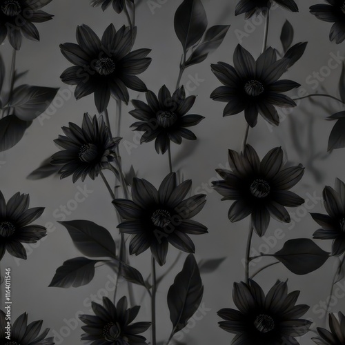 Elegant black flower pattern with deep charcoal petals and stems against a dark grey background , black,  charcoal,  luxury photo