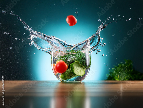 Vibrant image of cherry tomatoes and cucumbers splashing into a glass bowl of water.  The scene is dynamic and evokes freshness and healthy eating. photo