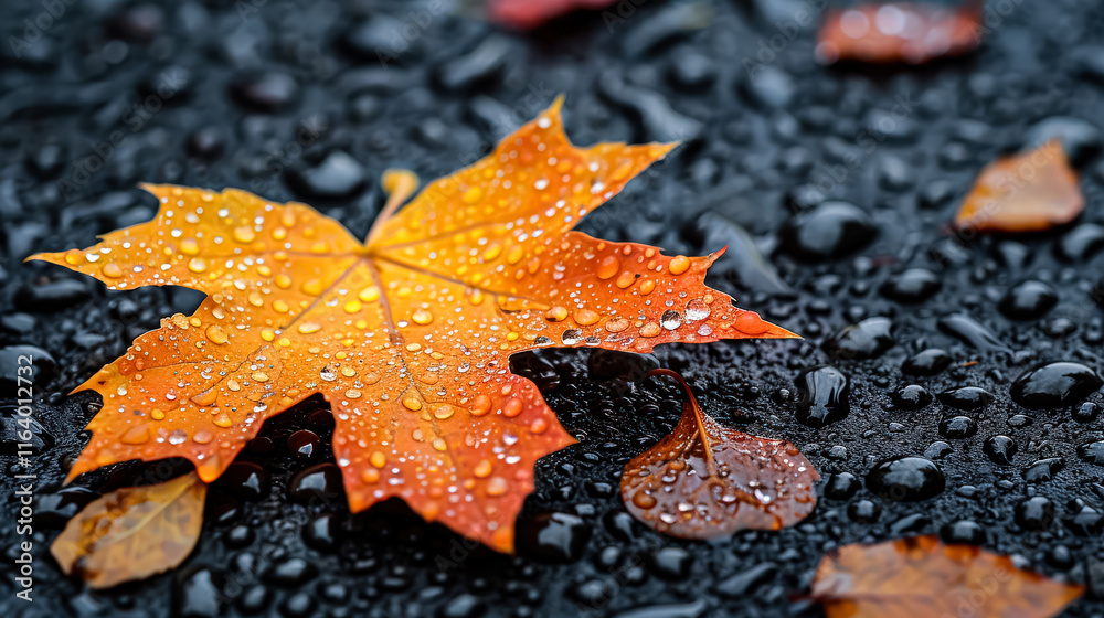 Leaf is on the ground with raindrops on it Leaf is on the ground with raindrops on it