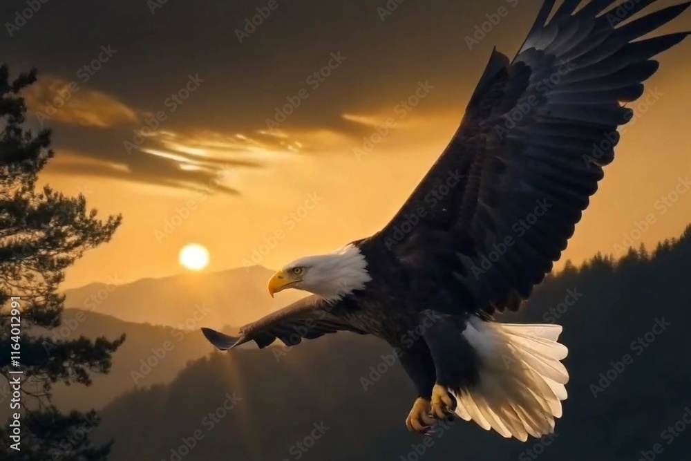 Fototapeta premium a photograph of a bald eagle in flight.