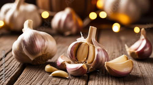 Photography of fresh garlic on a wooden table photo