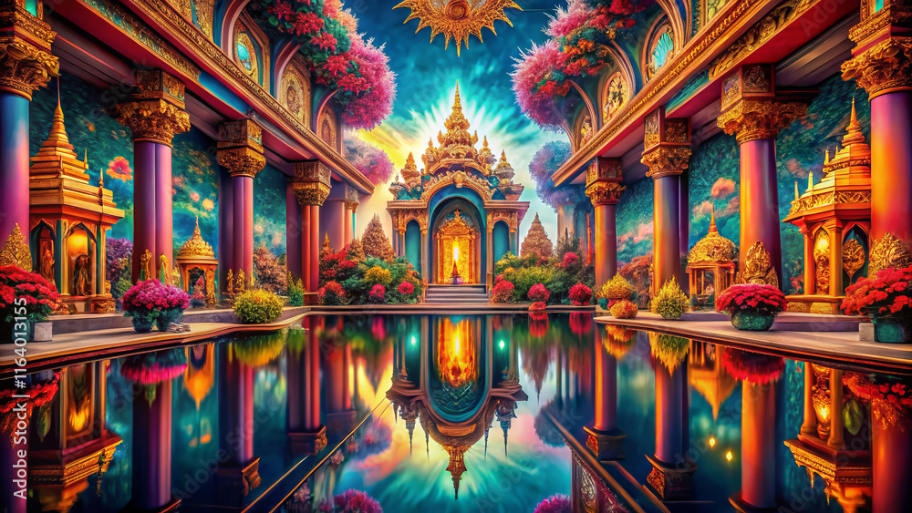 Fototapeta premium vibrant, symmetrical palace with colorful flowers and reflections