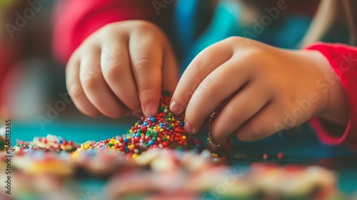 A close-up of a child’s hands decorating Christmas cookies with colorful icing and sprinkles.