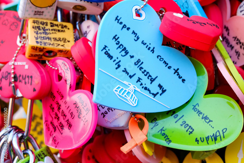 Photography Love padlocks or Locks of Love at Seoul Tower, famous attraction in Seoul, South Korea