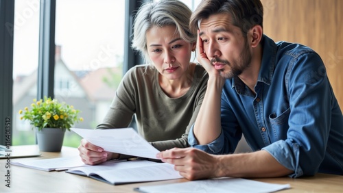 Senior couple looking worried at documents, discussing financial planning or legal matters, reflecting concerns about future security and decision-making.