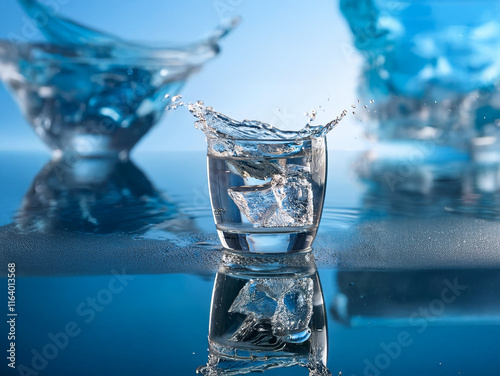 A glass of ice water with splashing droplets, reflecting on a blue surface.  The background features blurred, similar glasses, creating a refreshing and dynamic image. photo