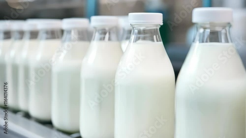 Fresh dairy production of creamy milk bottles in clear glass, showcasing purity and efficiency in agriculture and beverage processing.