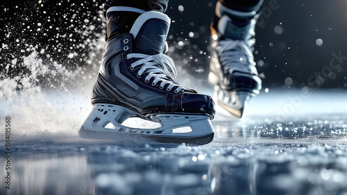 Close-up of a hockey skate gliding on ice with snow spray against a dark background. photo