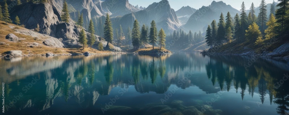 Naklejka premium Gentle ripples on a still blue lake reflecting the surrounding mountains and trees, water, calm
