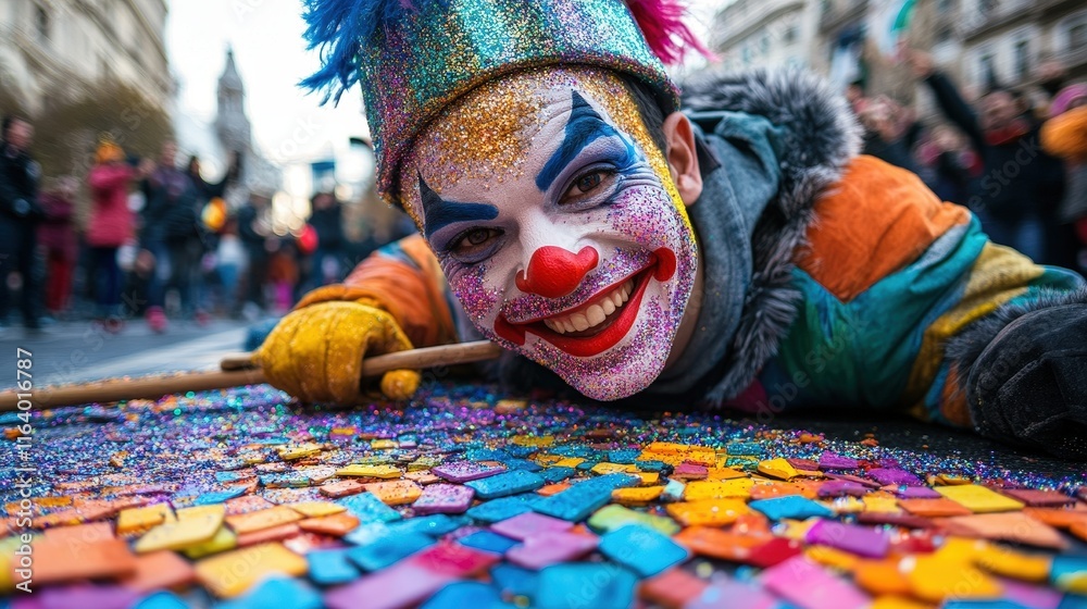 Obraz premium A vibrant clown lies on the ground covered in festive confetti, embodying joy and excitement during a lively parade filled with colorful decorations and cheerful onlookers.