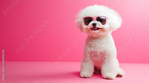 Adorable Bichon Frise in Pink Sunglasses Against a Vibrant Pink Background photo