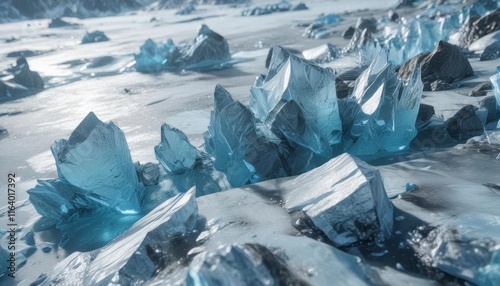 Glacial blue icy surface with fragmented ice crystals,  frost,  ice