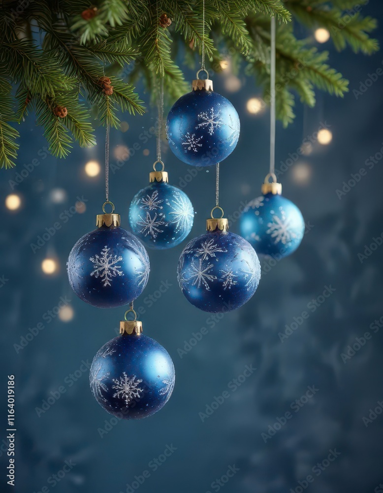 Hanging Christmas ornaments on a blue background with glittery snowflakes and festive lights , Christmas Decorations, Winter Wonderland, Glitter Hanging Christmas ornaments on a blue background with glittery snowflakes and festive lights , Christmas Decorations, Winter Wonderland, Glitter