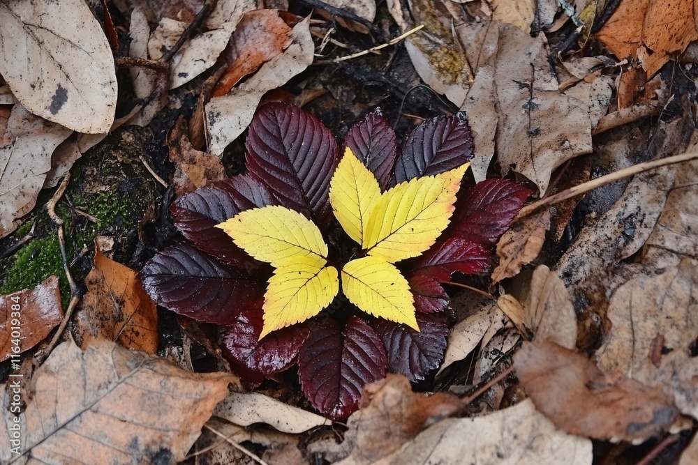 Vibrant Yellow and Deep Red Leaves Amidst Brown Fallen Leaves on Forest Floor Vibrant Yellow and Deep Red Leaves Amidst Brown Fallen Leaves on Forest Floor