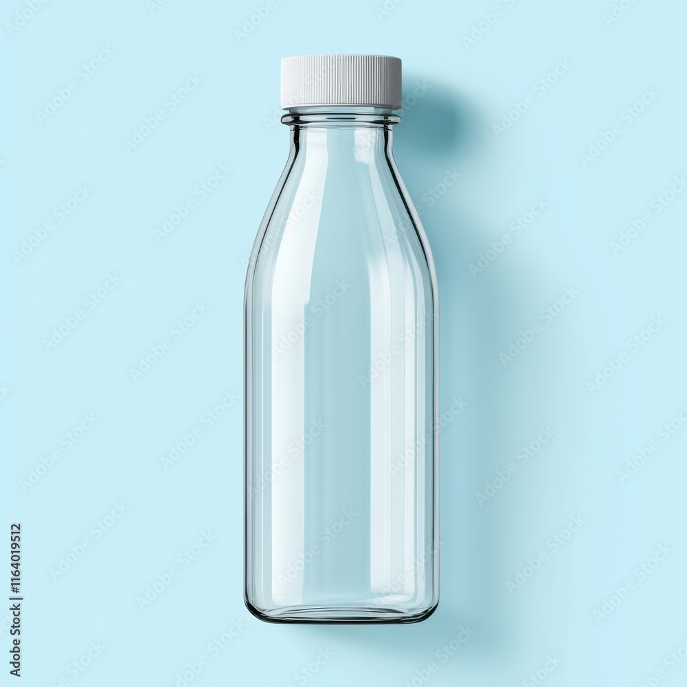 Minimalist concept for mock-up of food packaging bottle. Clear glass bottle with a white cap on a light blue background Minimalist concept for mock-up of food packaging bottle. Clear glass bottle with a white cap on a light blue background