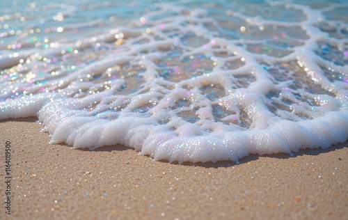 A beach with a large wave that has a lot of glitter on it. The glitter is scattered all over the wave, creating a sparkling effect. The scene is peaceful and serene
