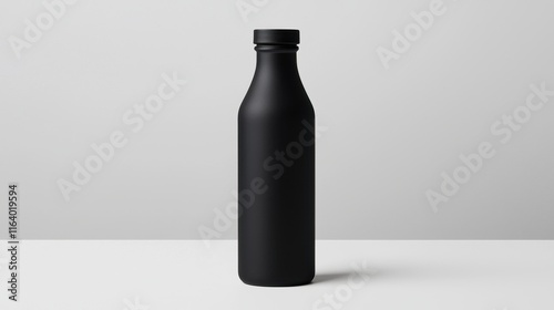 Minimalist concept for mock-up of food packaging bottle. Minimalist black bottle on a light background photo