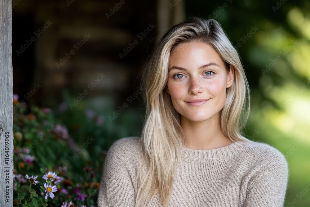 A cheerful woman with long, light hair poses gently near vibrant flowers in a rustic setting, embodying beauty, warmth, and natural elegance. A cheerful woman with long, light hair poses gently near vibrant flowers in a rustic setting, embodying beauty, warmth, and natural elegance.