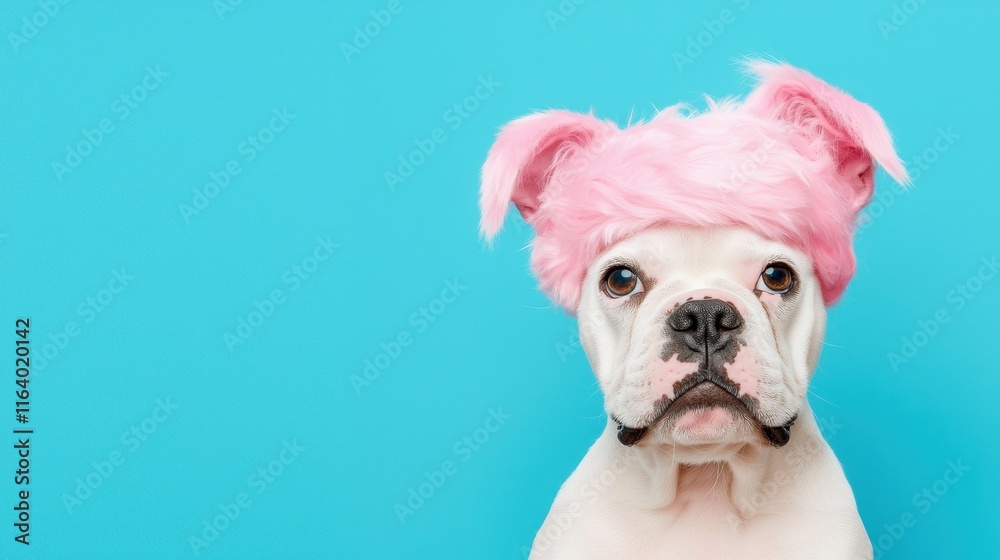 Funny Dog with Pink Wig Against Bright Blue Background Funny Dog with Pink Wig Against Bright Blue Background