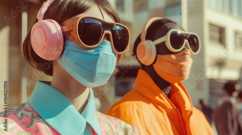 People in retro futuristic masks and headphones stroll vibrant 60s streets