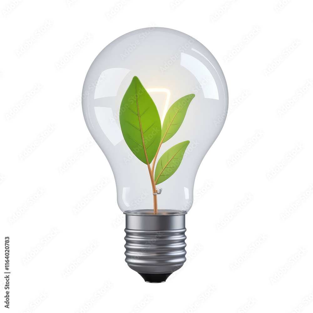 3D Illustration of a Clear Light Bulb with a Green Leaf Inside 3D Illustration of a Clear Light Bulb with a Green Leaf Inside