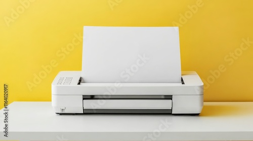 Front view of a light printer and a blank A4 paper on a white table on a yellow background, mockup.Office equipment, close-up.Copy space.Multifunction device. Multifunction printer.