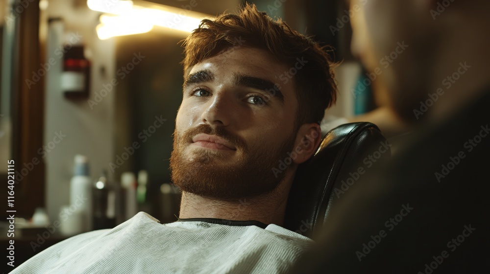 Young Man with Red Hair Smiling in Barbershop Waiting for a Fresh Haircut Experience Young Man with Red Hair Smiling in Barbershop Waiting for a Fresh Haircut Experience