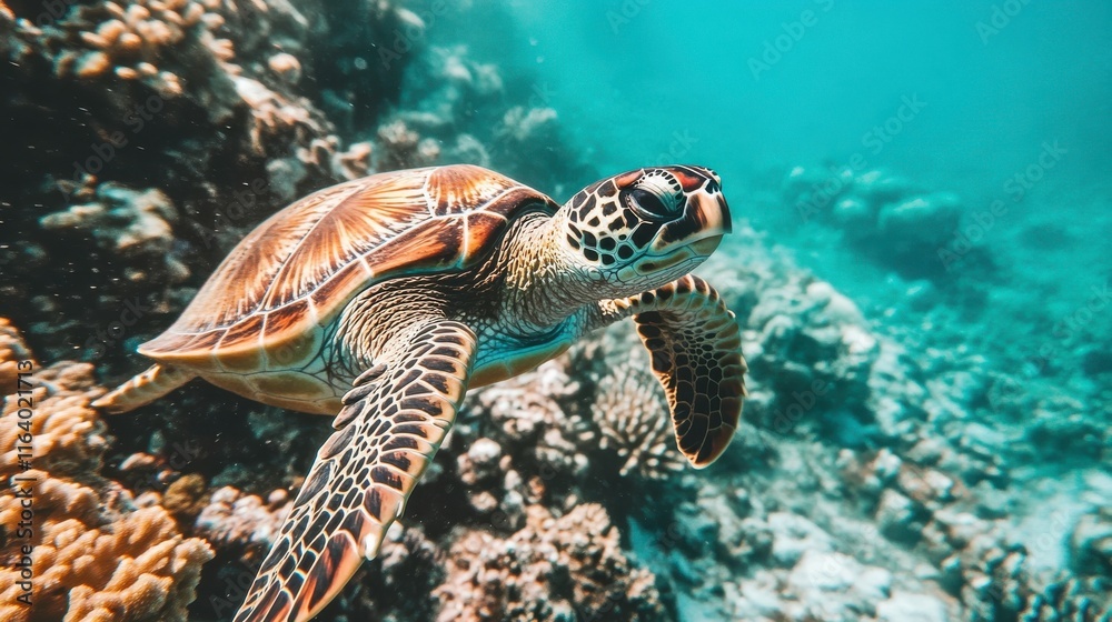 Fototapeta premium Turtles Swimming Near Coral Reef in Clear Blue Water